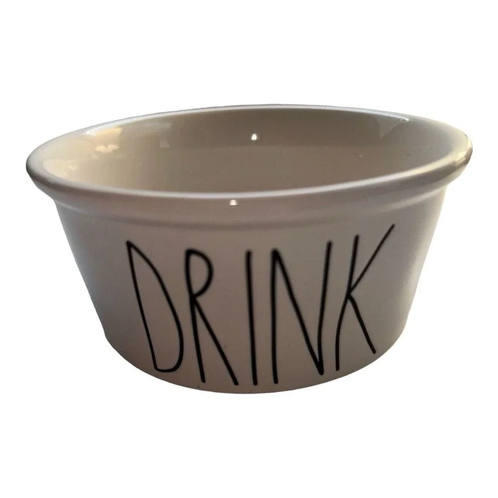 Rae Dunn DRINK Bowl Pet Dish White Ceramic Dog Cat Food Water Small